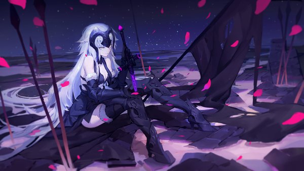 Anime picture 1920x1080 with fate (series) fate/grand order jeanne d'arc (fate) (all) jeanne d'arc alter (fate) jeanne d'arc alter (avenger) (third ascension) (fate) gods single looking at viewer highres smile wide image sitting bare shoulders yellow eyes cleavage silver hair full body very long hair high heels fur trim