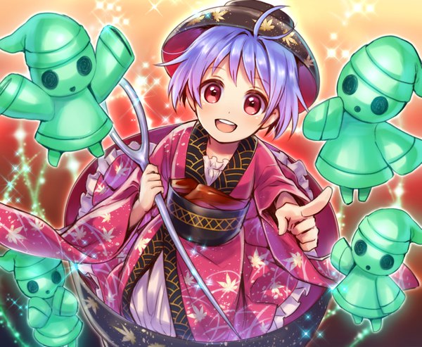 Anime picture 1000x823 with touhou sukuna shinmyoumaru neme single looking at viewer short hair open mouth holding purple hair ahoge traditional clothes japanese clothes pink eyes from above teeth sparkle minigirl pointing at viewer girl kimono