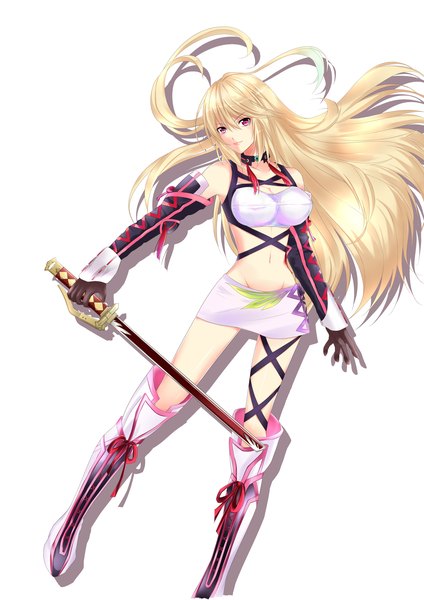 Anime picture 2480x3507 with neo (artist) single long hair tall image looking at viewer highres light erotic blonde hair red eyes white background bare shoulders midriff girl skirt gloves navel weapon sword boots