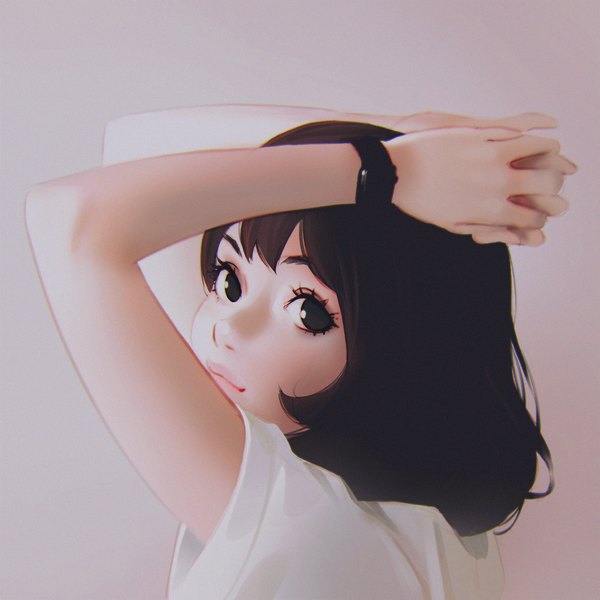 Anime picture 1080x1080 with original ilya kuvshinov single looking at viewer fringe short hair simple background smile brown hair upper body lips black eyes realistic arms up short sleeves lipstick portrait pink background pink lipstick hands clasped