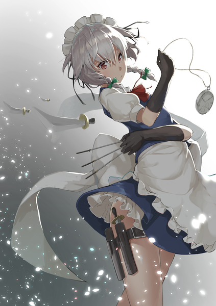 Anime picture 2039x2894 with touhou izayoi sakuya emushake single long hair tall image looking at viewer fringe highres hair between eyes red eyes standing holding silver hair braid (braids) head tilt :o short sleeves maid leaning