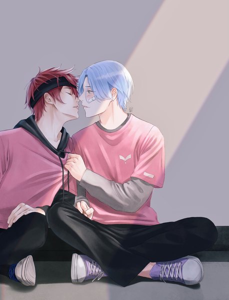 Anime picture 2745x3593 with sk8 the infinity studio bones hasegawa langa kyan reki 0cat tall image highres short hair simple background sitting blue hair red hair eyes closed grey background multiple boys face to face shounen ai indian style almost kiss bandaid on face