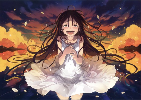 Anime picture 3300x2342 with original eshi 100-nin ten morino hon single looking at viewer blush highres open mouth brown hair brown eyes absurdres sky cloud (clouds) very long hair scan tears partially submerged evening sunset horizon