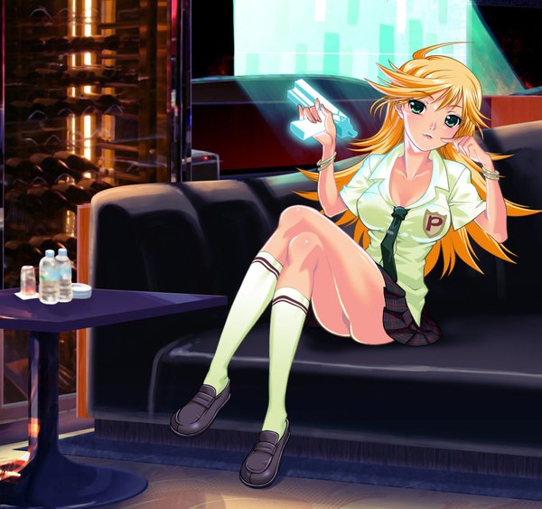 Anime picture 1703x1600 with panty & stocking with garterbelt anarchy panty bitawan (artist) long hair highres light erotic blonde hair green eyes girl skirt miniskirt socks necktie bracelet gun white socks couch pistol