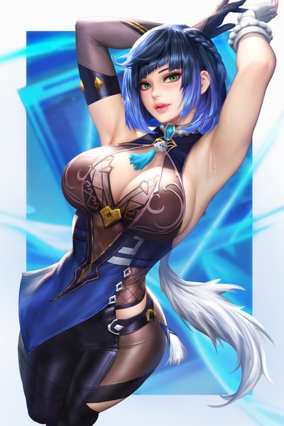 Anime picture 2400x3597 with genshin impact yelan (genshin impact) nudtawut thongmai single tall image looking at viewer fringe highres short hair breasts light erotic simple background large breasts standing green eyes payot blue hair cleavage blunt bangs braid (braids)
