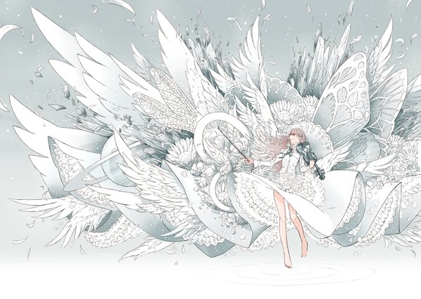 Anime picture 1468x1044 with original arakawa (aintnoroom) single long hair red eyes brown hair angel wings girl dress flower (flowers) wings white dress feather (feathers) crystal planet violin bow (instrument)
