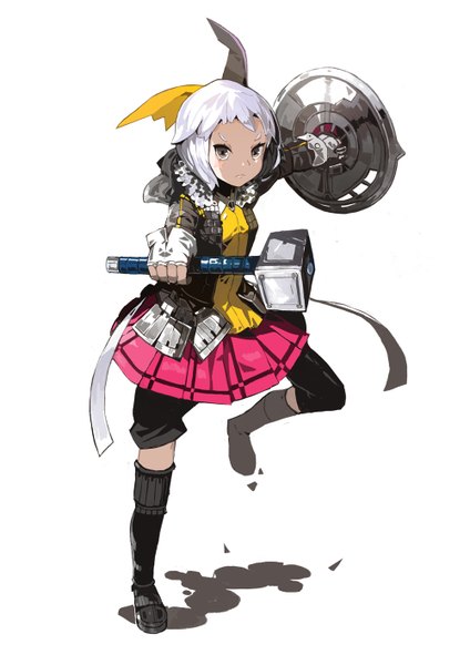 Anime picture 1000x1414 with original alchemaniac single tall image short hair blonde hair white background girl weapon socks knee socks shield hammer