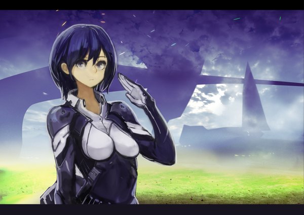 Anime picture 3508x2480 with original okuto single looking at viewer fringe highres short hair breasts hair between eyes standing blue hair absurdres sky cloud (clouds) upper body outdoors grey eyes salute girl bodysuit