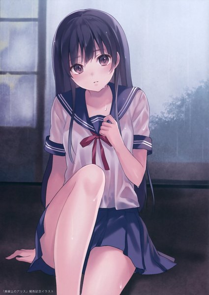 Anime picture 2690x3800 with original fukahire (ruinon) single long hair tall image looking at viewer highres black hair brown eyes scan wet clothes girl skirt uniform serafuku