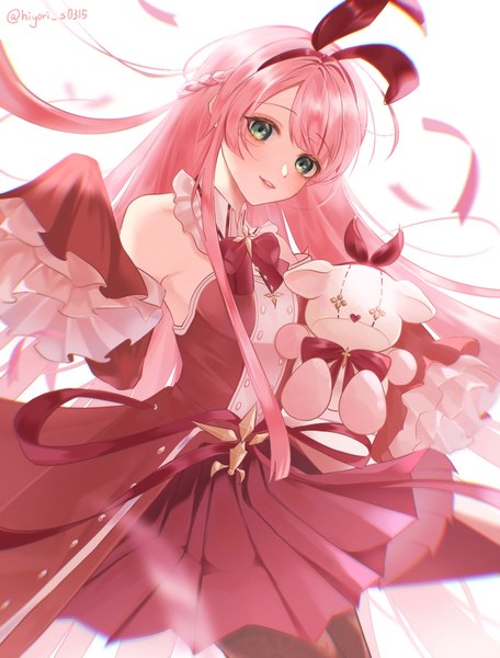 Anime picture 1900x2500 with arcaea kou (arcaea) hiyori s0315 single long hair tall image looking at viewer highres smile green eyes signed pink hair twitter username girl dress ribbon (ribbons) hair ribbon detached sleeves toy stuffed toy