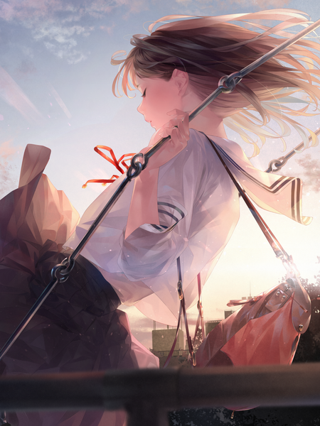 Anime picture 1500x1998 with original sousou (sousouworks) single long hair tall image brown hair sky cloud (clouds) outdoors eyes closed profile wind girl skirt uniform miniskirt serafuku backpack swing