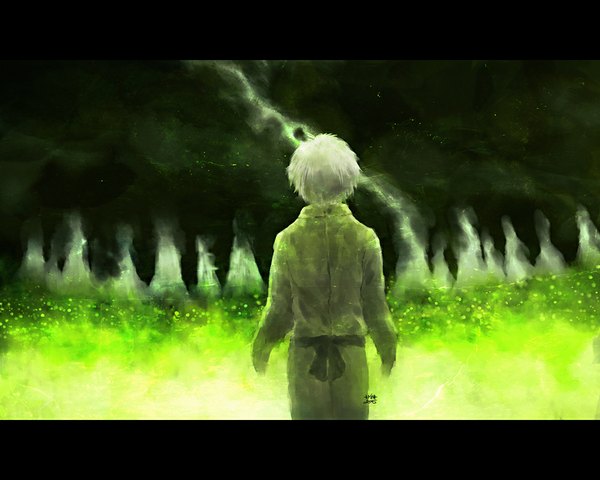 Anime picture 1000x800 with mushishi ginko nanfe single short hair signed white hair traditional clothes japanese clothes realistic back dated letterboxed smoke nature 2015 boy kimono