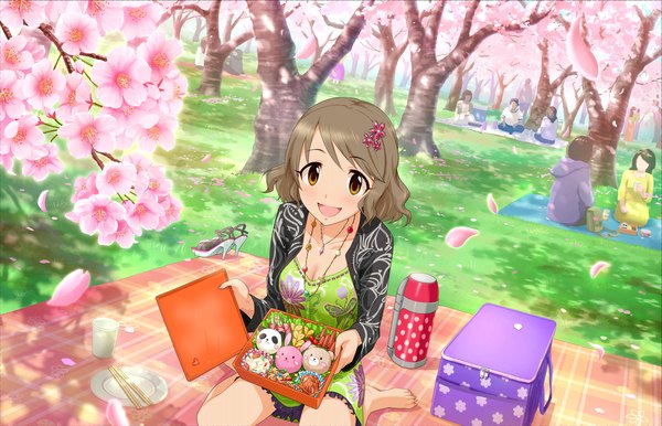 Anime picture 1280x824 with idolmaster idolmaster cinderella girls idolmaster cinderella girls starlight stage tsukimiya miyabi blush short hair open mouth smile brown hair sitting brown eyes :d official art cherry blossoms solo focus shoes removed spring hanami girl dress