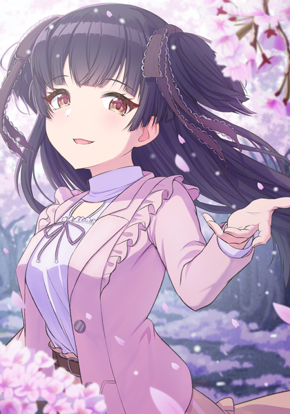 Anime-Bild 2864x4093 mit idolmaster idolmaster shiny colors mayuzumi fuyuko osoba susurukun single long hair tall image looking at viewer highres black hair brown eyes upper body outdoors two side up cherry blossoms outstretched hand spring girl ribbon (ribbons) hair ribbon