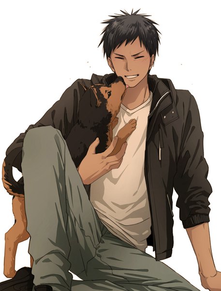 Anime picture 800x1050 with kuroko no basket production i.g aomine daiki kuehsy tall image fringe short hair black hair simple background smile white background holding bent knee (knees) arm support dark skin happy licking alternate hair color boy animal