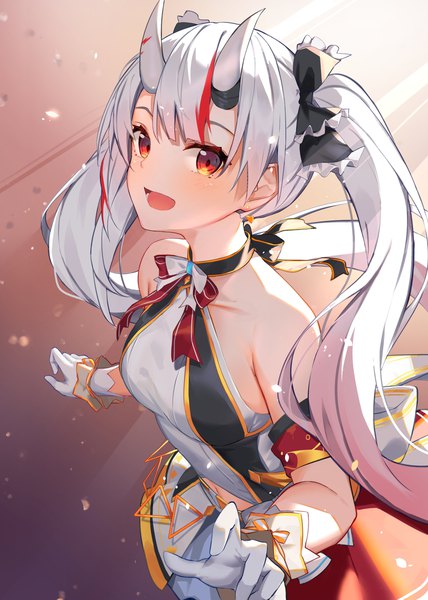 Anime picture 1141x1600 with virtual youtuber hololive nakiri ayame isaya (pixiv4541633) single long hair tall image looking at viewer fringe open mouth red eyes twintails silver hair :d multicolored hair horn (horns) from above streaked hair sleeveless official alternate costume