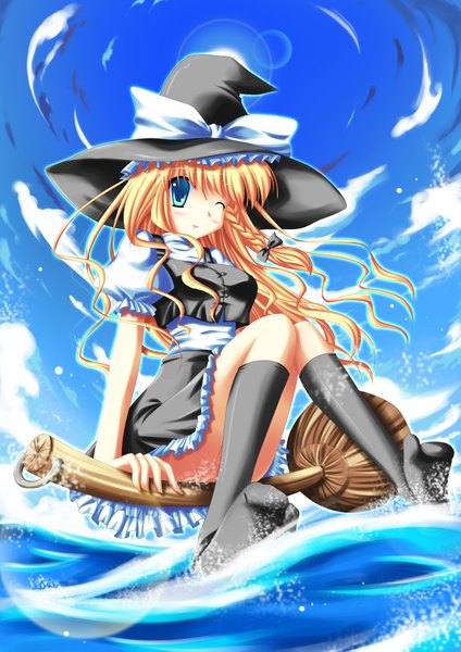 Anime picture 2894x4093 with touhou kirisame marisa shirakawako long hair tall image highres blue eyes blonde hair one eye closed wink witch broom riding girl hat socks black socks apron witch hat broom