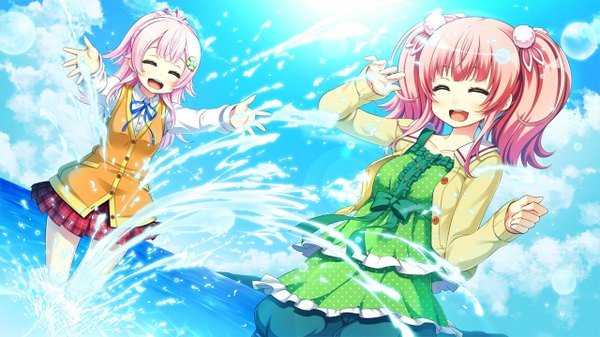 Anime picture 1280x720 with 1/7 no mahoutsukai ninomiya manaka tel-o long hair blush open mouth blonde hair smile wide image twintails multiple girls pink hair game cg sky cloud (clouds) eyes closed girl dress skirt hair ornament
