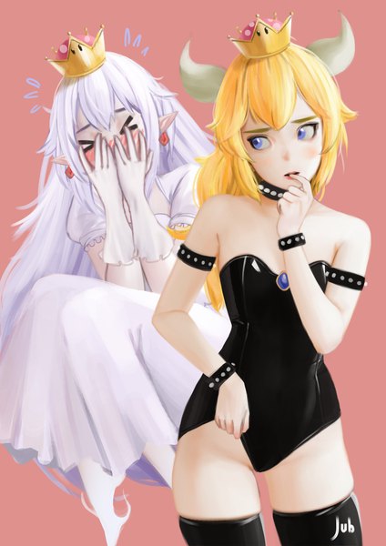 Anime picture 2480x3508 with super mario bros. new super mario bros. u deluxe bowsette princess king boo jubi (regiana) long hair tall image blush highres open mouth blue eyes light erotic simple background blonde hair multiple girls signed looking away white hair eyes closed horn (horns)