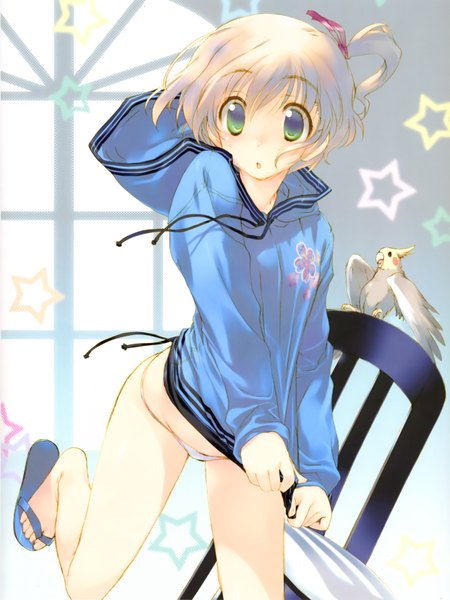 Anime picture 4976x6631 with original amazuyu tatsuki single tall image blush highres short hair open mouth light erotic blonde hair green eyes absurdres scan girl underwear panties ribbon (ribbons) hair ribbon animal bird (birds)