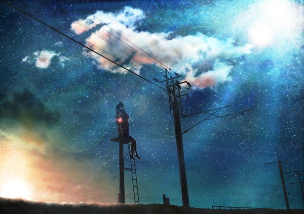 イラスト 1800x1272 と オリジナル 黐月ほの ソロ 長髪 highres 黒髪 座る 空 cloud (clouds) legs evening sunset 女の子 セーラー服 星 電線 traffic lights