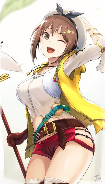 Anime picture 800x1396 with atelier (series) atelier ryza gust (company) reisalin stout tea (nakenashi) single tall image looking at viewer blush fringe short hair breasts open mouth simple background smile hair between eyes standing white background holding signed