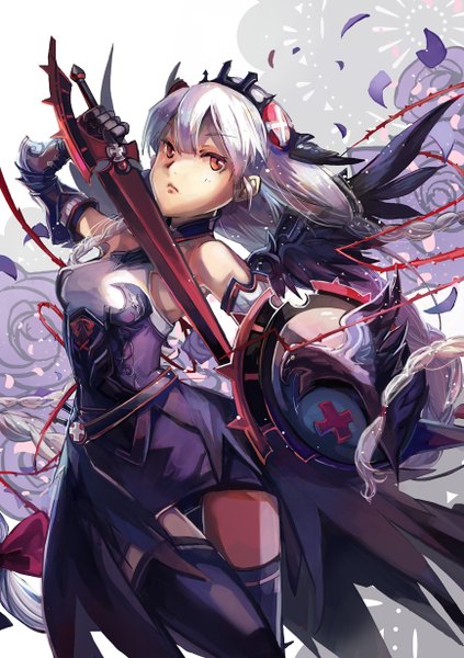 Anime-Bild 868x1232 mit puzzle & dragons valkyrie (p&d) shadowsinking single long hair tall image looking at viewer fringe standing bare shoulders holding white hair braid (braids) pink eyes twin braids floral print girl thighhighs gloves hair ornament