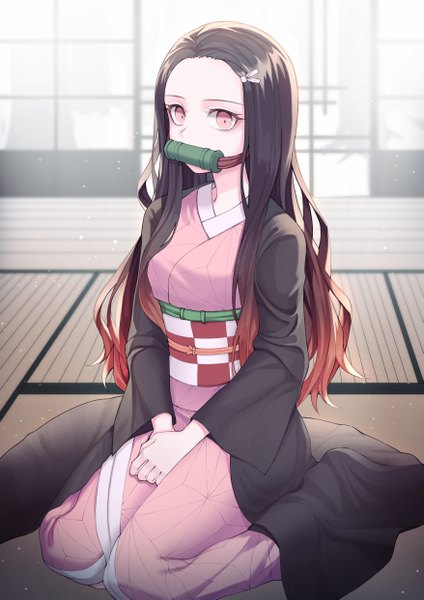 Anime picture 3508x4961 with kimetsu no yaiba ufotable kamado nezuko soli (pouiliuoq soli) single long hair tall image looking at viewer highres black hair sitting holding absurdres indoors traditional clothes japanese clothes pink eyes blurry wide sleeves mouth hold