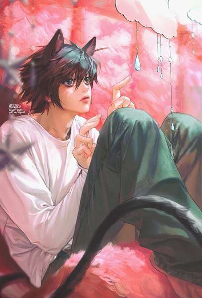 Anime picture 1100x1621 with death note madhouse l (death note) jnkku single tall image fringe short hair black hair hair between eyes sitting animal ears looking away tail animal tail lips black eyes cat ears cat tail kemonomimi mode