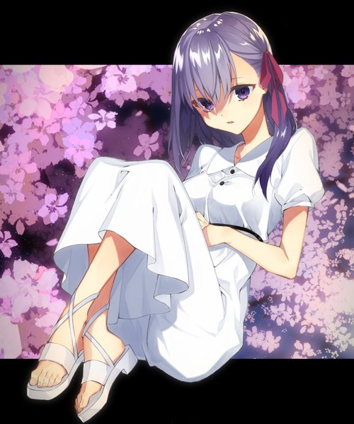 Anime picture 1500x1800 with fate (series) fate/stay night matou sakura shimi to ufu single long hair tall image purple eyes purple hair full body puffy sleeves cherry blossoms looking down shaded face floral background girl dress ribbon (ribbons) hair ribbon white dress