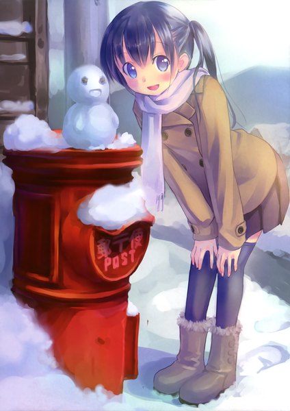 Anime picture 2120x3000 with takoyaki (roast) single long hair tall image looking at viewer blush highres open mouth blue eyes black hair twintails scan girl thighhighs skirt black thighhighs jacket boots snowman