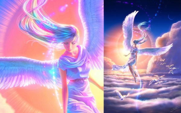 Anime picture 1280x799 with original takashi mare wide image blue hair sky cloud (clouds) eyes closed barefoot no shoes sleeveless horizon multiview flying angel girl dress animal wings bird (birds) sun
