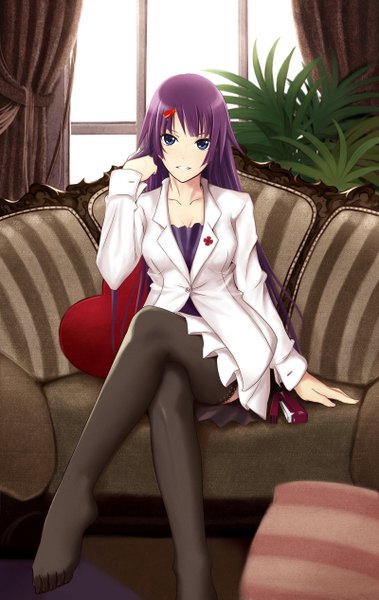 Anime picture 1600x2530 with bakemonogatari shaft (studio) monogatari (series) senjougahara hitagi illusionk single long hair tall image looking at viewer fringe breasts blue eyes smile sitting purple hair barefoot legs crossed legs girl thighhighs