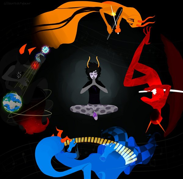 Anime picture 1080x1060 with homestuck dave strider jade harley gamzee makara john egbert rose lalonde allbeareverybear long hair black hair smile sitting eyes closed horn (horns) crossed legs black background hands clasped face paint boy weapon sword