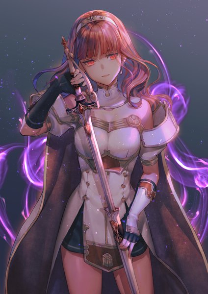 Anime picture 849x1200 with fire emblem fire emblem echoes: shadows of valentia nintendo celica (fire emblem) furikawa arika single long hair tall image fringe simple background standing bare shoulders holding looking away blunt bangs parted lips head tilt arm up orange hair orange eyes