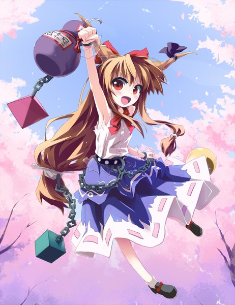 Anime picture 1156x1500 with touhou ibuki suika grune long hair tall image open mouth blonde hair red eyes horn (horns) cherry blossoms jumping girl bow hair bow chain alcohol sake gourd