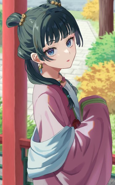 Anime picture 1176x1894 with kusuriya no hitorigoto maomao (kusuriya no hitorigoto) mikoha358212 single long hair tall image looking at viewer fringe blue eyes black hair payot upper body blunt bangs traditional clothes chinese clothes girl earrings