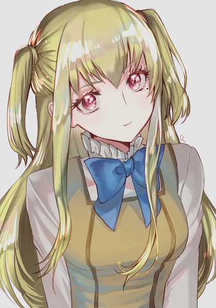 Anime picture 1050x1500 with maria holic shaft (studio) shidou mariya rosette (roze-ko) single long hair tall image looking at viewer simple background blonde hair red eyes payot upper body grey background mole two side up mole under eye otoko no ko boy bowtie