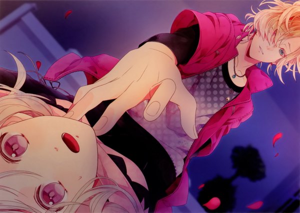 Anime picture 1815x1291 with diabolik lovers idea factory komori yui mukami kou satoi (artist) long hair looking at viewer highres short hair open mouth blue eyes blonde hair pink eyes sleeveless heterochromia vampire girl boy petals pendant