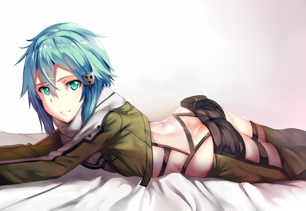 Anime picture 1100x760 with sword art online a-1 pictures asada shino hews single looking at viewer blush fringe short hair breasts light erotic simple background hair between eyes blue hair ass lying parted lips aqua eyes open clothes open jacket