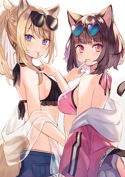 Anime-Bild 750x1061 mit virtual youtuber kmnz lita kmnz liz mc lita kmnz liz (character) shugao long hair tall image looking at viewer blush fringe short hair breasts blue eyes light erotic simple background blonde hair brown hair white background bare shoulders