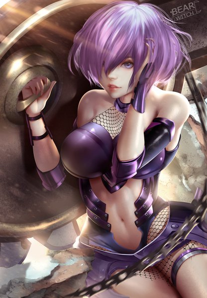 Anime picture 1500x2165 with fate (series) fate/grand order mash kyrielight bearwitch single tall image looking at viewer fringe short hair breasts light erotic large breasts sitting purple eyes bare shoulders holding signed looking away purple hair arm up