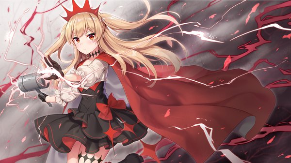 Anime picture 1920x1080 with ark order thor (ark order) silveroid single long hair looking at viewer fringe highres blonde hair red eyes wide image holding payot parted lips two side up puffy sleeves floating hair magic smoke fighting stance