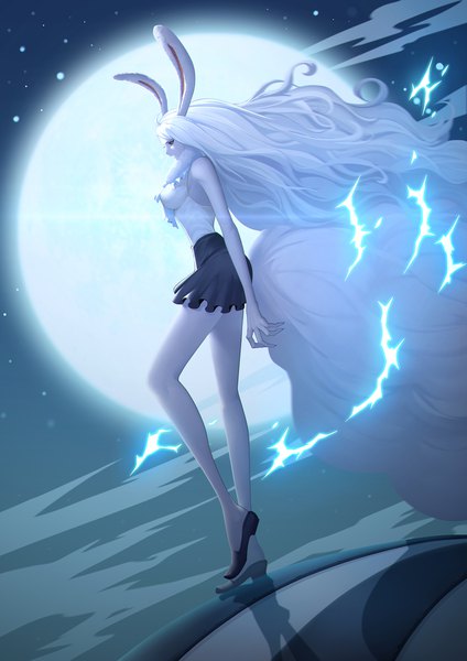 Anime picture 1500x2121 with one piece toei animation carrot (one piece) zhang ding single tall image breasts open mouth red eyes standing animal ears full body white hair tail very long hair animal tail profile fingernails wind night