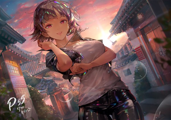 Anime picture 1200x849 with persona 5 persona niijima makoto crab d single looking at viewer short hair breasts red eyes brown hair sky outdoors parted lips arm up dutch angle text lens flare evening sunset breast hold