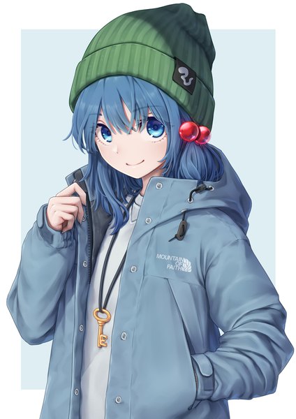 Anime picture 868x1228 with touhou mountain of faith the north face kawashiro nitori torinari (dtvisu) single long hair tall image looking at viewer fringe blue eyes simple background hair between eyes blue hair upper body light smile open jacket two side up alternate costume border