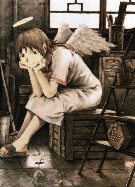 Anime picture 2182x3023 with haibane renmei rakka (haibane) single tall image highres short hair brown hair sitting brown eyes girl plant (plants) wings halo sandals box