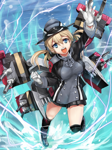 Anime picture 833x1115 with kantai collection prinz eugen (kantai collection) tadano magu single long hair tall image breasts open mouth blue eyes standing twintails bent knee (knees) arm up from above standing on one leg screaming girl gloves water boots