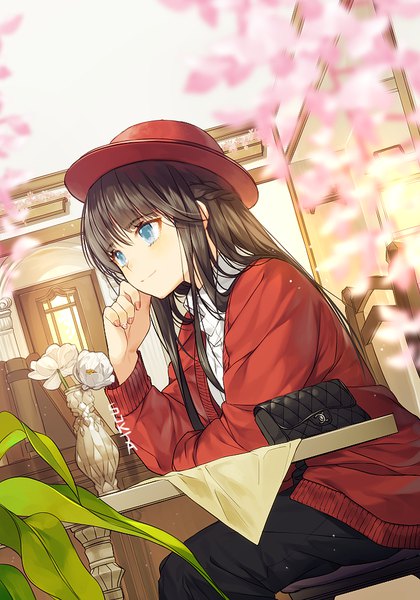 Anime picture 700x1000 with original sorolp single long hair tall image fringe blue eyes brown hair sitting signed looking away nail polish light smile blurry cherry blossoms girl flower (flowers) hat bag cardigan