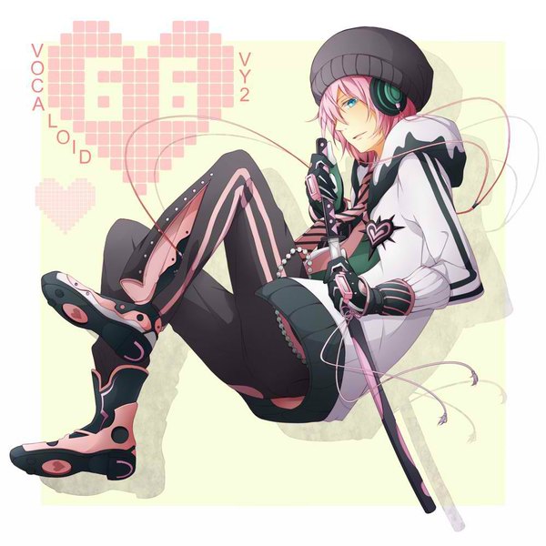 Anime picture 1000x1000 with vocaloid vy2 66 (roro) tagme (artist) single highres short hair open mouth blue eyes pink hair boy weapon sword necktie jacket heart headphones katana cap number (numbers)
